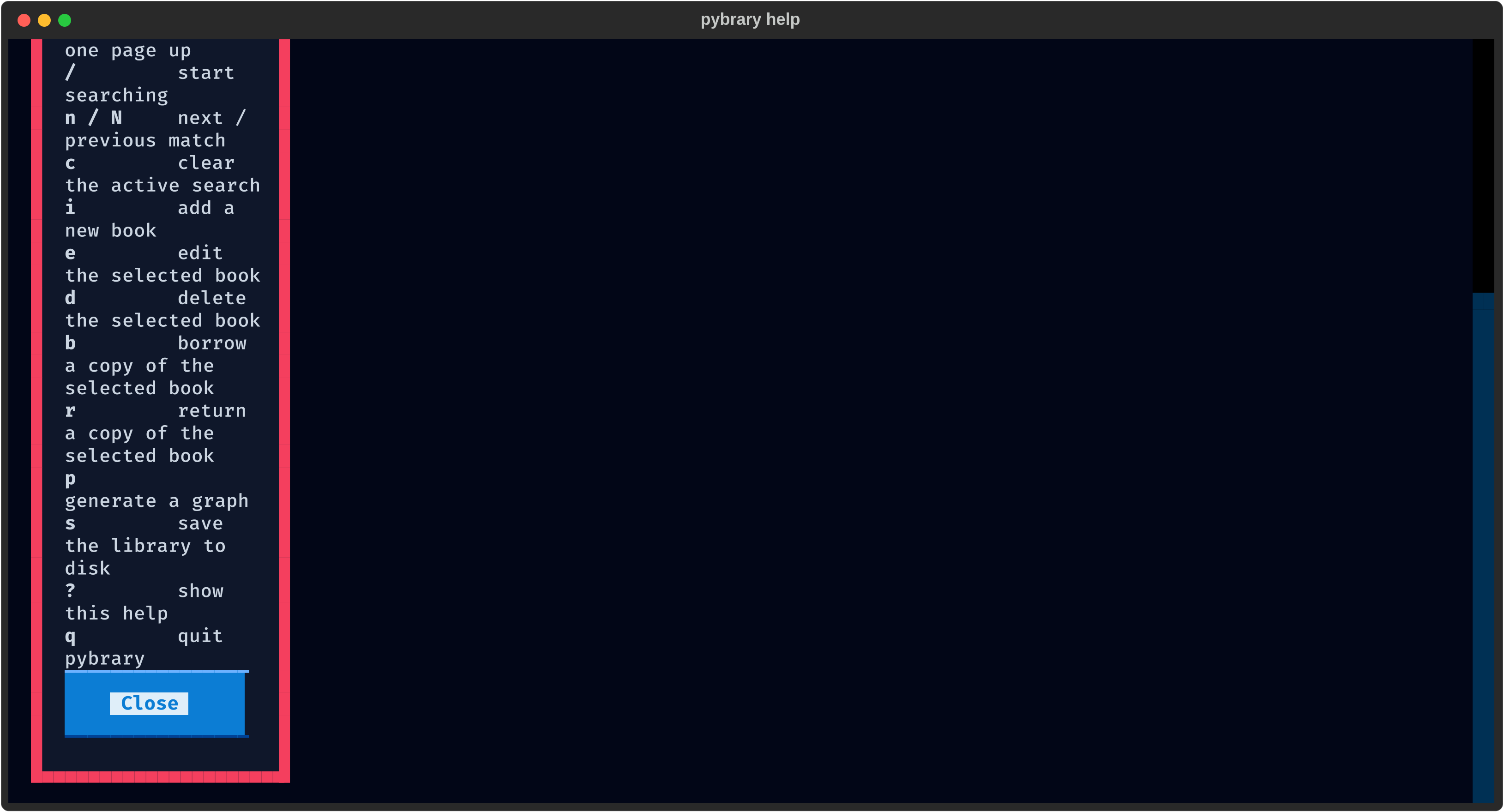 Key bindings reference dialog